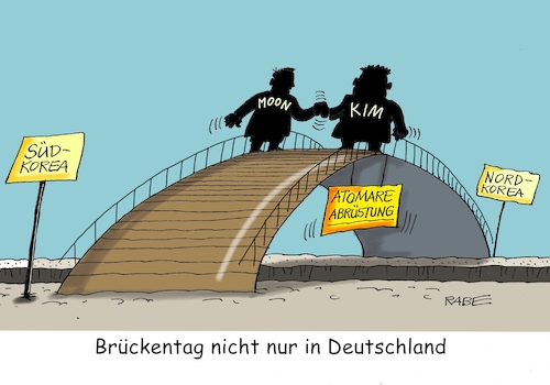 Cartoon: Friedensbrücke (medium) by RABE tagged kim,jong,un,moon,nordkorea,südkorea,brücke,frieden,atomwaffenabbau,rabe,ralf,böhme,cartoon,karikatur,pressezeichnung,farbcartoon,tagescartoon,machthaber,abrüstung,atomraketen,kim,jong,un,moon,nordkorea,südkorea,brücke,frieden,atomwaffenabbau,rabe,ralf,böhme,cartoon,karikatur,pressezeichnung,farbcartoon,tagescartoon,machthaber,abrüstung,atomraketen