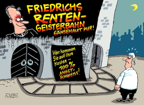 Cartoon: Fritzens Geisterbahn (medium) by RABE tagged merz,kanzler,koalition,union,spd,klingbeil,cartoon,karikatur,pressezeichnung,farbcartoon,tagescartoon,db,bahn,frühling,frühjahr,frühjahrsputz,ice,zug,blumenkasten,blumenkästen,renten,rentendebatte,basisrente,rententarif,rentendiskussion,bas,michel,geisterbahn,gespensterbahn,gänsehaut,angstschweiss,merz,kanzler,koalition,union,spd,klingbeil,cartoon,karikatur,pressezeichnung,farbcartoon,tagescartoon,db,bahn,frühling,frühjahr,frühjahrsputz,ice,zug,blumenkasten,blumenkästen,renten,rentendebatte,basisrente,rententarif,rentendiskussion,bas,michel,geisterbahn,gespensterbahn,gänsehaut,angstschweiss