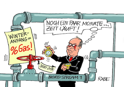 Cartoon: Frostige Zeiten (medium) by RABE tagged gas,gassparen,gasnotstand,gasgeben,sanktionen,gasspeicher,gasheizung,rabe,ralf,böhme,cartoon,karikatur,pressezeichnung,farbcartoon,tagescartoon,robert,habeck,putin,ukrainekrieg,nordstream,eins,wartungsarbeiten,gasturbine,abschaltung,winter,kälte,winteranfang,pipeline,stoppuhr,armbanduhr,monate,gas,gassparen,gasnotstand,gasgeben,sanktionen,gasspeicher,gasheizung,rabe,ralf,böhme,cartoon,karikatur,pressezeichnung,farbcartoon,tagescartoon,robert,habeck,putin,ukrainekrieg,nordstream,eins,wartungsarbeiten,gasturbine,abschaltung,winter,kälte,winteranfang,pipeline,stoppuhr,armbanduhr,monate