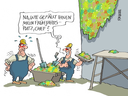 Cartoon: Frühjahrsputz II (medium) by RABE tagged frühjahr,frühjahrsputz,sauberkeit,ordnung,aufräumen,rabe,ralf,böhme,cartoon,karikatur,pressezeichnung,farbcartoon,tagescartoon,bau,maurer,putzer,mörtel,haus,aussenwand,kelle,blumen,schmetterlinge,gerüst,chef,frühjahr,frühjahrsputz,sauberkeit,ordnung,aufräumen,rabe,ralf,böhme,cartoon,karikatur,pressezeichnung,farbcartoon,tagescartoon,bau,maurer,putzer,mörtel,haus,aussenwand,kelle,blumen,schmetterlinge,gerüst,chef