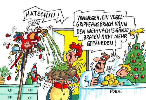 Cartoon: Gänsebraten (medium) by RABE tagged vogel,vogelgrippe,geflügel,gans,gänsebraten,weihnachtsganz,geflügelpest,pute,putenbraten,gänsekeule,weihnachten,weihnachtsfest,festtage,feiertage,papagei,schnupfen,grippe,mittagstisch,rabe,ralf,böhme,cartoon,tagescartoon,pressezeichnung,farbcartoon,weihnachtsbaum,bratenteller,klösse,vogel,vogelgrippe,geflügel,gans,gänsebraten,weihnachtsganz,geflügelpest,pute,putenbraten,gänsekeule,weihnachten,weihnachtsfest,festtage,feiertage,papagei,schnupfen,grippe,mittagstisch,rabe,ralf,böhme,cartoon,tagescartoon,pressezeichnung,farbcartoon,weihnachtsbaum,bratenteller,klösse