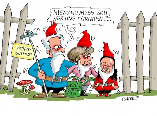 Cartoon: Gartenzwergidylle (medium) by RABE tagged markus,söder,csu,bayern,münchen,landesvorsitzender,horst,seehofer,merkel,cdu,union,streit,unionstreit,asylstreit,ultimatum,grenze,zurückweisung,flüchtlinge,grenzkontrollen,flüchtlingskrise,ankerzentren,asylkompromiss,transitzentren,nahles,spd,lager,eu,zurückweisungen,schutzsuchende,brüssel,grenzsicherung,österreich,kanzler,kurz,zaun,fliegenpilz,giesskanne,harke,garten,gartenzwerge,markus,söder,csu,bayern,münchen,landesvorsitzender,horst,seehofer,merkel,cdu,union,streit,unionstreit,asylstreit,ultimatum,grenze,zurückweisung,flüchtlinge,grenzkontrollen,flüchtlingskrise,ankerzentren,asylkompromiss,transitzentren,nahles,spd,lager,eu,zurückweisungen,schutzsuchende,brüssel,grenzsicherung,österreich,kanzler,kurz,zaun,fliegenpilz,giesskanne,harke,garten,gartenzwerge