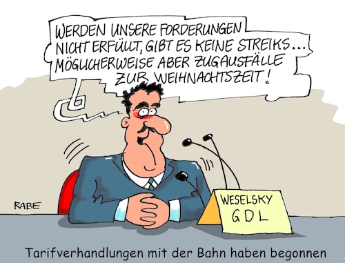 Cartoon: GDL Verhandlungen (medium) by RABE tagged gewerkschaft,gdl,bahn,lokfüherer,verhandlungseinstieg,weselsky,gehaltserhöhung,streik,zugausfälle,rabe,ralf,böhme,cartoon,karikatur,pressezeichnung,farbcartoon,tagescartoon,tarifverhandlungen,weihnachten,feiertage,reiseverkehr,bahnreisende,gewerkschaft,gdl,bahn,lokfüherer,verhandlungseinstieg,weselsky,gehaltserhöhung,streik,zugausfälle,rabe,ralf,böhme,cartoon,karikatur,pressezeichnung,farbcartoon,tagescartoon,tarifverhandlungen,weihnachten,feiertage,reiseverkehr,bahnreisende