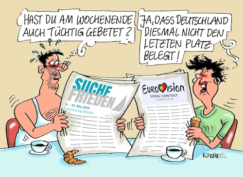 Cartoon: Gebete (medium) by RABE tagged grand,prix,eurovision,songcontest,lissabon,portugal,esc,israel,deutschland,schlager,chanson,rabe,ralf,böhme,cartoon,tagescartoon,pressezeichnung,farbcartoon,katholikentag,münster,kirche,gebete,ökomene,frieden,kirchentag,grand,prix,eurovision,songcontest,lissabon,portugal,esc,israel,deutschland,schlager,chanson,rabe,ralf,böhme,cartoon,tagescartoon,pressezeichnung,farbcartoon,katholikentag,münster,kirche,gebete,ökomene,frieden,kirchentag