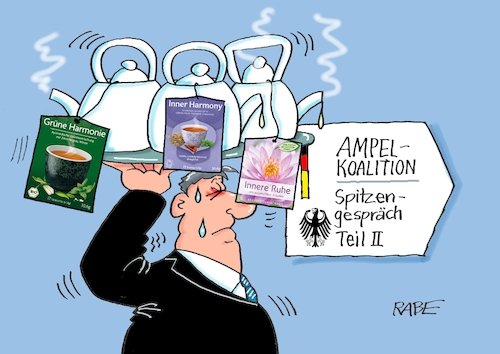 Cartoon: Gebeuteltes und Abgebrühtes (medium) by RABE tagged olaf,scholz,bundeskanzler,ankündigung,zeitenwende,ergebnisse,opposition,union,rabe,ralf,böhme,cartoon,karikatur,pressezeichnung,farbcartoon,tagescartoon,kluft,spalt,brücke,ampel,ampelregierung,spitzengespräch,spitzengespräche,koalitionsgespräche,harmonie,inneres,ruhe,gelassenheit,butler,tablett,tee,teekanne,teebeutel,teatime,olaf,scholz,bundeskanzler,ankündigung,zeitenwende,ergebnisse,opposition,union,rabe,ralf,böhme,cartoon,karikatur,pressezeichnung,farbcartoon,tagescartoon,kluft,spalt,brücke,ampel,ampelregierung,spitzengespräch,spitzengespräche,koalitionsgespräche,harmonie,inneres,ruhe,gelassenheit,butler,tablett,tee,teekanne,teebeutel,teatime