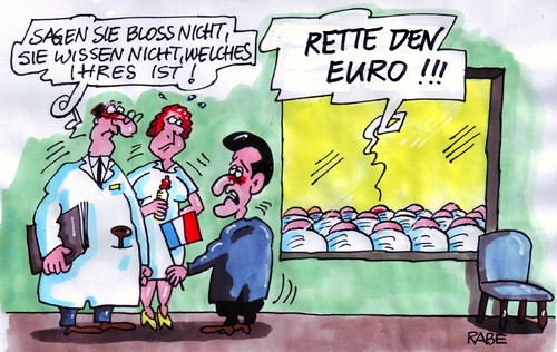 Cartoon: Geburtsfehler 2 (medium) by RABE tagged sarkozy,frankreich,staatschef,carla,bruni,baby,entbindung,kreisssaal,geburt,geburtshelfer,hebamme,arzt,schwester,entbindungsstation,bundesregierung,merkel,cdu,euro,eurokrise,schuldenkrise,rettungsschirm,eu,brüssel,griechenland,athen,streik,banken,börse,kredit,banker,invetsmentbank,dax,börsioner,spekulanten,dowjones,wickeltisch,wickelkind,säugling,säuglingsstation,wöchnerin,mutter,mutti,säuglingsschwester,brutkasten,stillen,muttermilch,sarkozy,staatschef