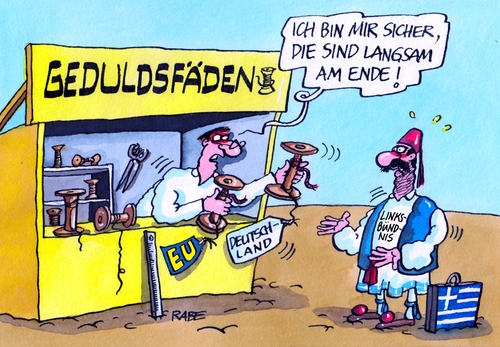 Cartoon: Geduldsfaden (medium) by RABE tagged griechenland,athen,parlamentswahlen,linksbündnis,syriza,alexis,tsipras,wahlsieg,schuldenschnitt,gelgeber,ezb,kreditenotenbank,banker,rabe,ralf,böhme,cartoon,karikatur,pressezeichnung,farbcartoon,tagescartoon,eu,brüssel,euro,eurokrise,währungshüter,finanzchefs,griechenlandpleite,griechenland,athen,parlamentswahlen,linksbündnis,syriza,alexis,tsipras,wahlsieg,schuldenschnitt,gelgeber,ezb,kreditenotenbank,banker,rabe,ralf,böhme,cartoon,karikatur,pressezeichnung,farbcartoon,tagescartoon,eu,brüssel,euro,eurokrise,währungshüter,finanzchefs,griechenlandpleite