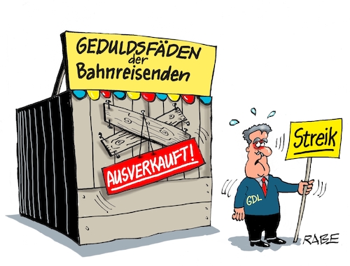 Cartoon: Geduldsfäden (medium) by RABE tagged bahn,db,bahnkunden,fahrpreis,fahrpreiserhöhung,rabe,ralf,böhme,cartoon,karikatur,pressezeichnung,farbcartoon,tagescartoon,schnellzug,bahnticket,schlusslicht,passagiere,bahnreisende,puffer,streik,bahnstreik,weselsky,gewerkschaft,gdl,lokführer,bude,verkaufsstand,geduld,geduldsfäden,geduldsfaden,ausverkauf,bahn,db,bahnkunden,fahrpreis,fahrpreiserhöhung,rabe,ralf,böhme,cartoon,karikatur,pressezeichnung,farbcartoon,tagescartoon,schnellzug,bahnticket,schlusslicht,passagiere,bahnreisende,puffer,streik,bahnstreik,weselsky,gewerkschaft,gdl,lokführer,bude,verkaufsstand,geduld,geduldsfäden,geduldsfaden,ausverkauf