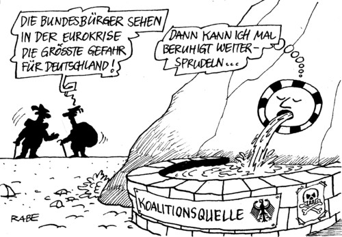 Cartoon: Gefahrenquelle (medium) by RABE tagged bundesregierung,kanzlerin,merkel,cdu,kabinett,eurokrise,schuldenkriese,austritt,ausstieg,ausstiegsszenario,griechenland,athen,rettungsschirm,fiskalpakt,arschtriit,fdp,koalition,schuldenschnitt,eurobonds,stabilitätspakt,bürger,steuerzahler,bundesbürger,quelle,sprudel,brunnen,wasser,gift,brunnenvergifter,koalitionspartner,gefahrenquelle,deutschland,merkel,bundesregierung,kanzlerin,eurokrise,schuldenkriese,austritt