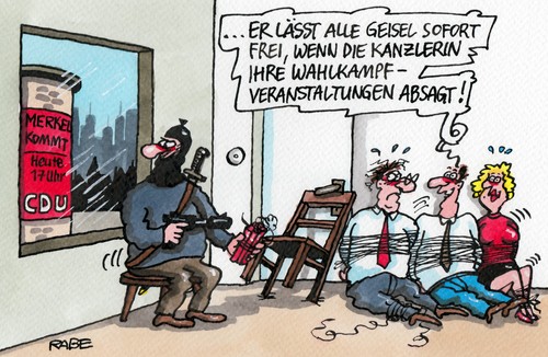 Cartoon: Geiselnahme (medium) by RABE tagged geisel,geiselnahme,geiselnehmer,ingolstadt,rathaus,polizei,sek,merkel,kanzlerin,wahlkampf,wahlplakate,cdu,spd,kanzlerkandidat,peer,steinbrück,wahlveranstaltung,wähler,rabe,ralf,böhme,cartoon,karikatur,pressezeichnung,farbcartoon,pistole,waffe,sprengstoff,fessel,absage,maskierung,geisel,geiselnahme,geiselnehmer,ingolstadt,rathaus,polizei,sek,merkel,kanzlerin,wahlkampf,wahlplakate,cdu,spd,kanzlerkandidat,peer,steinbrück,wahlveranstaltung,wähler,rabe,ralf,böhme,cartoon,karikatur,pressezeichnung,farbcartoon,pistole,waffe,sprengstoff,fessel,absage,maskierung