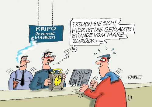 Cartoon: Geklaute Stunde (medium) by RABE tagged zeitumstellung,winterzeit,sommerzeit,stunde,uhr,uhrenumstellung,kripo,dezernat,fundsachen,uhren,zeitumstellung,winterzeit,sommerzeit,stunde,uhr,uhrenumstellung,kripo,dezernat,fundsachen,uhren