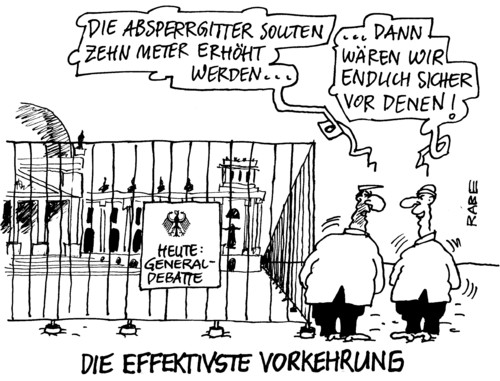 Cartoon: Generaldebatte (medium) by RABE tagged reichstag,absperrgitter,haushaltsdebatte,effektivität,sicherheit,terror,sicherheit,bundestag,haushaltsdebatte,absperrgitter,erhöhung,gespräch,effektivität,terror,terrorismus,terroristen,warnung,anschlag