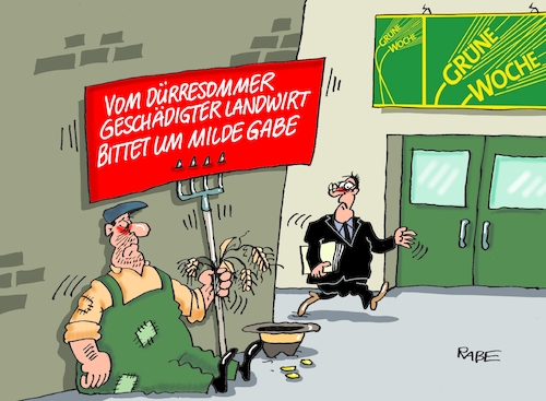 Cartoon: Geschädigter Landwirt (medium) by RABE tagged grüne,woche,berlin,verbrauchermesse,julia,glöckner,agrarministerin,agrar,agrarbetrieb,rabe,ralf,böhme,cartoon,karikatur,pressezeichnung,farbcartoon,tagescartoon,landwirt,bauer,hitzesommer,hitzeschäden,dürreschäden,bettler,gabe,spende,grüne,woche,berlin,verbrauchermesse,julia,glöckner,agrarministerin,agrar,agrarbetrieb,rabe,ralf,böhme,cartoon,karikatur,pressezeichnung,farbcartoon,tagescartoon,landwirt,bauer,hitzesommer,hitzeschäden,dürreschäden,bettler,gabe,spende