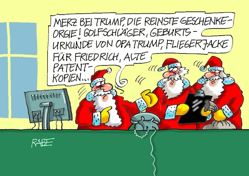 Cartoon: Geschenkeorgie (medium) by RABE tagged trrump,donald,präsident,usa,zoll,strafzoll,cartoon,karikatur,rabe,ralf,böhme,pressezeichnung,farbcartoon,tagescartoon,vatikan,büro,papst,franziskus,tod,sekretär,konklave,selbsternennung,kirche,bischof,oval,office,geschenke,staatsbesuch,friedrich,merz,bescherung,weihnachten,golfschläger,weihnachtsmänner,trrump,donald,präsident,usa,zoll,strafzoll,cartoon,karikatur,rabe,ralf,böhme,pressezeichnung,farbcartoon,tagescartoon,vatikan,büro,papst,franziskus,tod,sekretär,konklave,selbsternennung,kirche,bischof,oval,office,geschenke,staatsbesuch,friedrich,merz,bescherung,weihnachten,golfschläger,weihnachtsmänner