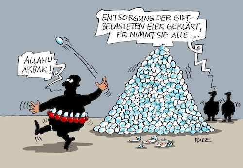 Cartoon: Gifteianschlag (medium) by RABE tagged is,terroranschlag,eierwerfer,allahu,akbar,entsorgung,gifteier,eierberg,niederlande,hühnerfarm,rabe,ralf,böhme,cartoon,karikatur,pressezeichnung,farbcartoon,tagescartoon,skandal,landwirtschaftsminister,fipronil,gift,is,terroranschlag,eierwerfer,allahu,akbar,entsorgung,gifteier,eierberg,niederlande,hühnerfarm,rabe,ralf,böhme,cartoon,karikatur,pressezeichnung,farbcartoon,tagescartoon,skandal,landwirtschaftsminister,fipronil,gift