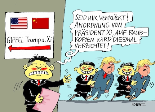 Cartoon: Gipfel Trump und Xi (medium) by RABE tagged china,präsident,xi,peking,usa,donald,trump,florida,handelsbeziehungen,abkommen,rabe,ralf,böhme,cartoon,karikatur,pressezeichnung,farbcartoon,tagescartoon,chinesen,kopien,raubkopien,china,präsident,xi,peking,usa,donald,trump,florida,handelsbeziehungen,abkommen,rabe,ralf,böhme,cartoon,karikatur,pressezeichnung,farbcartoon,tagescartoon,chinesen,kopien,raubkopien