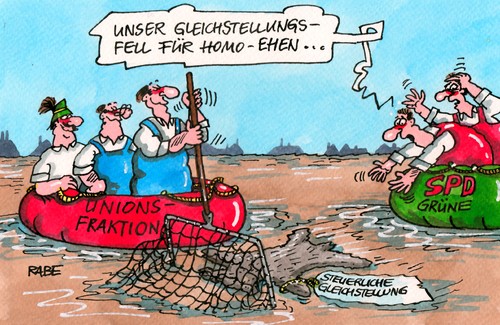 Cartoon: Gleichgestelltes (medium) by RABE tagged gleichstellung,gleichstellungsfell,homoehe,homosexuell,schwul,lesbisch,union,unionsfraktion,grüne,spd,cdu,csu,merkel,seehofer,rabe,ralf,böhme,cartoon,karikatur,pressezeichnung,farbcartoon,hochwasser,hochwassergebiet,schlauchboot,rettungsboot,fischernetz,bärenfell,damm,deich,ufer,karlsruhe,bundestag,ungleichbehandlung,richter,bundestagswahl,gleichstellung,gleichstellungsfell,homoehe,homosexuell,schwul,lesbisch,union,unionsfraktion,grüne,spd,cdu,csu,merkel,seehofer,rabe,ralf,böhme,cartoon,karikatur,pressezeichnung,farbcartoon,hochwasser,hochwassergebiet,schlauchboot,rettungsboot,fischernetz,bärenfell,damm,deich,ufer,karlsruhe,bundestag,ungleichbehandlung,richter,bundestagswahl