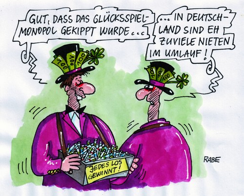 Cartoon: Glücksspielmonopol (medium) by RABE tagged glücksspiel,spielsucht,lotto,toto,kleeblatt,nieten,lose,bauchladen,zylinder,glücksschwein,lostrommel,euro,geldscheine,deutschland,regierung,männer,verbot,glücksspiel,spielsucht,lotto,lose,glücksschwein,gewinn,geld,sucht