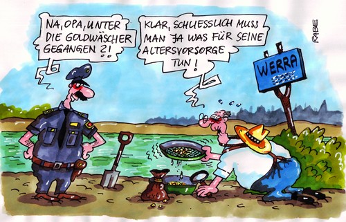 Cartoon: Goldrausch (medium) by RABE tagged rentner,rente,rentenerhöhung,altersteilzeit,zuverdienst,steuern,altersvorsorge,altenteil,polizei,gold,goldwäscher,nuggets,sieb,schaufel,kies,fluss,flussbett,goldrausch,opa,oma,rentner,rente,rentenerhöhung,altersteilzeit,zuverdienst,steuern,altersvorsorge,altenteil,polizei