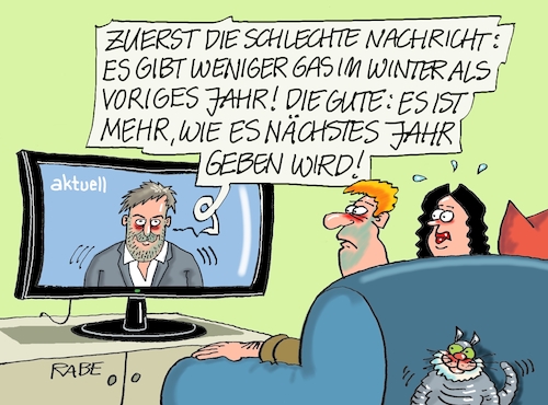 Cartoon: Good News Bad News (medium) by RABE tagged gas,gassparen,gasnotstand,gasgeben,sanktionen,gasspeicher,gasheizung,rabe,ralf,böhme,cartoon,karikatur,pressezeichnung,farbcartoon,tagescartoon,robert,habeck,putin,ukrainekrieg,nachrichten,tv,ehepaar,pipeline,gazprom,gasturbine,news,gas,gassparen,gasnotstand,gasgeben,sanktionen,gasspeicher,gasheizung,rabe,ralf,böhme,cartoon,karikatur,pressezeichnung,farbcartoon,tagescartoon,robert,habeck,putin,ukrainekrieg,nachrichten,tv,ehepaar,pipeline,gazprom,gasturbine