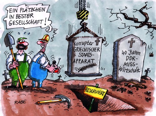 Cartoon: Grabsteininschrift 1 (medium) by RABE tagged merkel,kanzlerin,cdu,deutschland,bundesregierung,sarkozy,frankreich,staatschefs,griechenland,athen,papandreou,eu,euro,brüssel,eurokrise,eurozone,rettungsschirm,staatsverschuldung,schuldenkrise,pleite,milliarden,währungsunion,banken,bankenchefs,kredit,platz,gesellschaft,friedhof,grab,gottesacker,grabstein,korruption,bestechung,misswirtschaft,ddr,sed,regime,volkswirtschaft,planwirtschaft,staatsapparat,beamten,beamter,reservierung