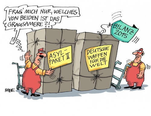 Cartoon: Grausame Pakete (medium) by RABE tagged paket,asylpaket,bilanz,flüchtlingskrise,bundestag,beschluss,abschiebung,rabe,ralf,böhme,cartoon,karikatur,pressezeichnung,farbcartoon,tagescartoon,gabriel,merkel,waffenexporte,kleinwaffen,rüstungsindustrie,obergrenze,paket,asylpaket,bilanz,flüchtlingskrise,bundestag,beschluss,abschiebung,rabe,ralf,böhme,cartoon,karikatur,pressezeichnung,farbcartoon,tagescartoon,gabriel,merkel,waffenexporte,kleinwaffen,rüstungsindustrie,obergrenze