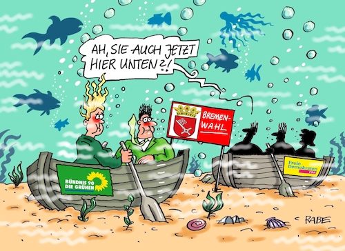 Cartoon: Green Submarine (medium) by RABE tagged bremen,bremenwahl,senatswahl,rabe,ralf,böhme,cartoon,karikatur,pressezeichnung,farbcartoon,tagescartoon,boot,grüne,stimmverluste,fdp,meer,meeresboden,ruderer,bremen,bremenwahl,senatswahl,rabe,ralf,böhme,cartoon,karikatur,pressezeichnung,farbcartoon,tagescartoon,boot,grüne,stimmverluste,fdp,meer,meeresboden,ruderer