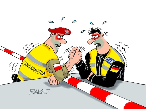 Cartoon: Grenzwertig (medium) by RABE tagged merz,union,kanzler,fritze,koalition,spd,klingbeil,bundesregierung,rabe,ralf,böhme,cartoon,karikatur,pressezeichnung,farbcartoon,tagescartoon,trump,putin,krisen,tv,nachrichten,grenze,grenzkontrolle,polen,warschau,deutschland,eu,polizei,dobrindt,zurückweisung,schranke,zandameria,schengen,abkommen,migranten,migration,einreise,einreiseverbot,merz,union,kanzler,fritze,koalition,spd,klingbeil,bundesregierung,rabe,ralf,böhme,cartoon,karikatur,pressezeichnung,farbcartoon,tagescartoon,trump,putin,krisen,tv,nachrichten,grenze,grenzkontrolle,polen,warschau,deutschland,eu,polizei,dobrindt,zurückweisung,schranke,zandameria,schengen,abkommen,migranten,migration,einreise,einreiseverbot