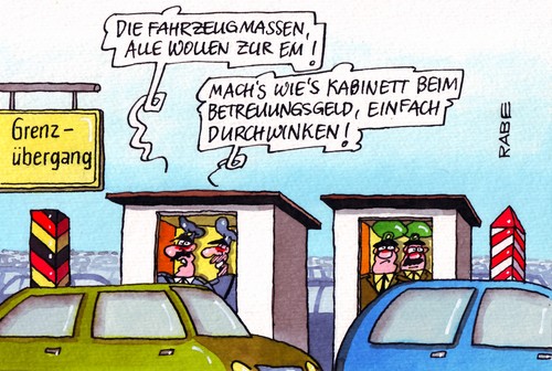 Cartoon: Grenzwertiges (medium) by RABE tagged bundesregierung,kanzlerin,merkel,cdu,kabinett,seehofer,betreuungsgeld,kita,herdprämie,eltern,kindergartenplatz,schröder,familienministerin,koalition,schwarzgelb,eu,em,fußballeuropameisterschaft,polen,ukraine,grenzübergang,stau,pkw,grenzkontrolle,eurozone,tor,torwart,schiedsrichter,nationalelf,nationalmannschaft,löw,schweinsteiger,klose,grenzbeamte,schlagbaum,grenzpfosten,bundesregierung,merkel,cdu,kabinett,seehofer,betreuungsgeld,kita,herdprämie,kindergartenplatz