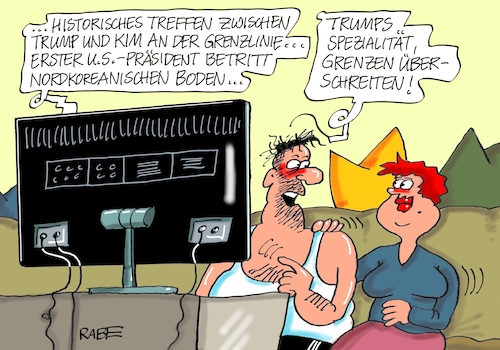 Cartoon: Grenzwertiges (medium) by RABE tagged trump,präsident,usa,china,handelskrieg,strafzölle,peking,rabe,ralf,böhme,cartoon,karikatur,pressezeichnung,farbcartoon,tagescartoon,kurzbessuch,treffen,kim,grenze,grenzlinie,boden,grenzüberschreitung,händeschütteln,nordkorea,südkorea,historisches,trump,präsident,usa,china,handelskrieg,strafzölle,peking,rabe,ralf,böhme,cartoon,karikatur,pressezeichnung,farbcartoon,tagescartoon,kurzbessuch,treffen,kim,grenze,grenzlinie,boden,grenzüberschreitung,händeschütteln,nordkorea,südkorea,historisches