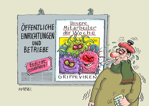 Cartoon: Grippeviren (medium) by RABE tagged grippe,viren,grippeepedemie,kopfschmerzen,gliederschmerzen,fieber,rabe,ralf,böhme,cartoon,karikatur,pressezeichnung,farbcartoon,tagescartoon,krankschreibung,arzt,behörden,arbeitsausfall,gesundheit,mitarbeiter,grippe,viren,grippeepedemie,kopfschmerzen,gliederschmerzen,fieber,rabe,ralf,böhme,cartoon,karikatur,pressezeichnung,farbcartoon,tagescartoon,krankschreibung,arzt,behörden,arbeitsausfall,gesundheit,mitarbeiter