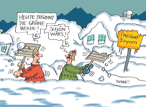 Cartoon: Grüne Woche (medium) by RABE tagged winter,schnee,lawine,lawinengefahr,bayern,karastrophenalarm,weiß,schneeschieber,rabe,ralf,böhme,cartoon,tagescartoon,pressezeichnung,farbcartoon,grün,berlin,grüne,woche,verbrauchermesse,winter,schnee,lawine,lawinengefahr,bayern,karastrophenalarm,weiß,schneeschieber,rabe,ralf,böhme,cartoon,tagescartoon,pressezeichnung,farbcartoon,grün,berlin,grüne,woche,verbrauchermesse