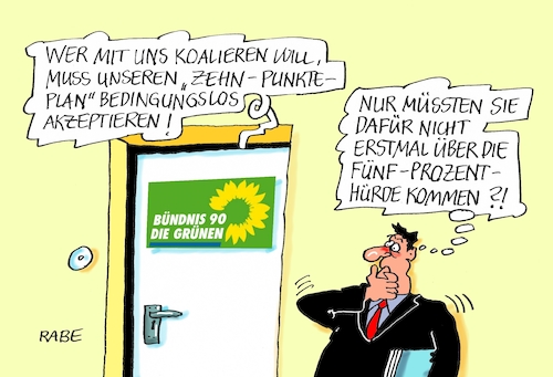 Cartoon: Grünes Programm (medium) by RABE tagged bündnis,neunzig,grüne,zehn,punkte,programm,özdemir,göhring,eckhardt,vorsitzende,bundestagswahl,rabe,ralf,böhme,cartoon,karikatur,pressezeichnung,farbcartoon,tagescartoon,parteivorstand,hürde,wähler,umweltschutz,bündnis,neunzig,grüne,zehn,punkte,programm,özdemir,göhring,eckhardt,vorsitzende,bundestagswahl,rabe,ralf,böhme,cartoon,karikatur,pressezeichnung,farbcartoon,tagescartoon,parteivorstand,hürde,wähler,umweltschutz