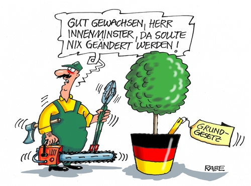 Cartoon: Grundgesetz (medium) by RABE tagged grundgesetz,verfassung,innenminister,änderung,grundgesetzänderung,verfassungsänderung,eu,flüchtlinge,ausländer,syrer,eingliederung,rabe,ralf,böhme,cartoon,karikatur,pressezeichnung,farbcartoon,tagescartoon,gärtner,kettensäge,heckenschere,pflanzkübel,buchsbaum,asylanten,grundgesetz,verfassung,innenminister,änderung,grundgesetzänderung,verfassungsänderung,eu,flüchtlinge,ausländer,syrer,eingliederung,rabe,ralf,böhme,cartoon,karikatur,pressezeichnung,farbcartoon,tagescartoon,gärtner,kettensäge,heckenschere,pflanzkübel,buchsbaum,asylanten