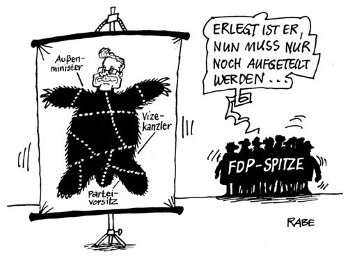 Cartoon: Guidofell (medium) by RABE tagged westerwelle,lindner,rösler,fdp,führungsspitze,parteivorsitz,rücktritt,vizekanzler,außenminister,präsidiumssitzung,kanzlerin,merkel,cdu,pressekonferenz,generalsekretär,euro,krise,parteikrise,opposition,koalition,schwarzgelb,bundesregierung,spitze,aufteilung,erlegen,guido,fell,bärenfell,plakat,kartenständer,westerwelle,lindner,rösler,parteispitze,parteiführung,parteivorsitzender,außenminister,gesundheitsminister