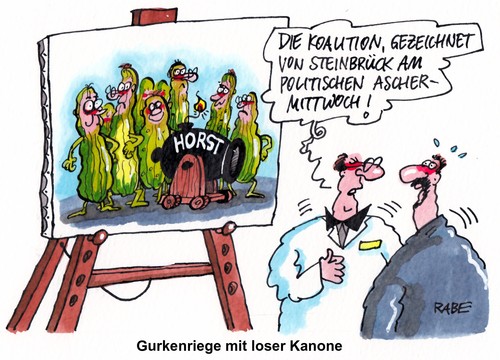 Cartoon: Gurkenriege (medium) by RABE tagged aschermittwoch,politischer,steinbrück,spd,kanzlerkandidat,koalition,rabe,ralf,böhme,cartoon,karikatur,horst,seehofer,csu,schwarzgelb,cdu,fdp,gurken,gurkenriege,gurkentruppe,kanone,zeichnung,gemälde,fasching,karneval,fasten,fatenzeit,fastnacht,aschermittwoch,politischer,steinbrück,spd,kanzlerkandidat,koalition,rabe,ralf,böhme,cartoon,karikatur,horst,seehofer,csu,schwarzgelb,cdu,fdp,gurken,gurkenriege,gurkentruppe,kanone,zeichnung,gemälde,fasching,karneval,fasten,fatenzeit,fastnacht