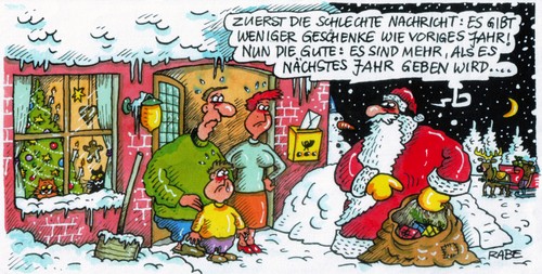 Cartoon: Gute Nachricht (medium) by RABE tagged gute,nachricht,schlechte,bescherung,weihnachten,weihnachtsmann,geschenkesack,schnee,rentiere,sparsamkeit,enttäuschung,wirtschaft,euro,weihnachten,weihnachtsmann,geschenkesack,schnee,rentiere,sparsamkeit,wirtschaft,euro,geschenke,konsum,finanzkrise,wirtschaftskrise