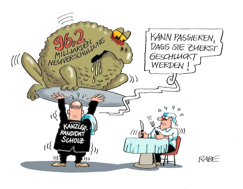 Cartoon: Guten Appetit (medium) by RABE tagged kanzlerkandidat,olaf,scholz,spd,finanzminister,neuverschuldung,staatshaushalt,bundesregierung,milliarden,steuerzahler,wähler,bundestagswahlkampf,parteivorsitz,rabe,ralf,böhme,cartoon,karikatur,pressezeichnung,farbcartoon,tagescartoon,kröte,michel,schlucken,kellner,essen,tablett,kanzlerkandidat,olaf,scholz,spd,finanzminister,neuverschuldung,staatshaushalt,bundesregierung,milliarden,steuerzahler,wähler,bundestagswahlkampf,parteivorsitz,rabe,ralf,böhme,cartoon,karikatur,pressezeichnung,farbcartoon,tagescartoon,kröte,michel,schlucken,kellner,essen,tablett