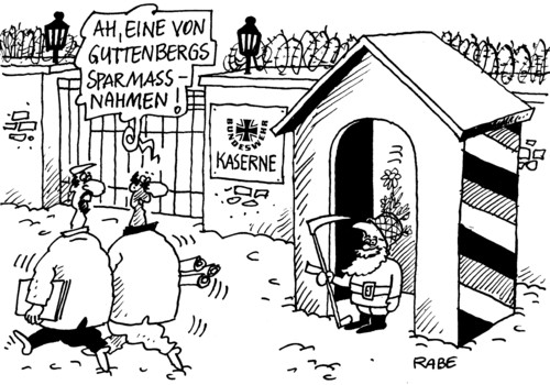 Cartoon: Guttenzwerg (medium) by RABE tagged guttenberg,bundeswehr,soldaten,kaserne,sparen,sparmaßnahme,krise,euro,schilderhaus,wachhaus,gartenzwerg,garten,sense,stacheldraht,kasernentor,verteidigungsminister,männer,einsparung,kürzung,bundeswehretat,bundeswehrreform,helm,guttenberg,verteidigungsminister,bundeswehr,bundeswehrreform,kürzung,euro,kaserne,krise,armee,soldaten