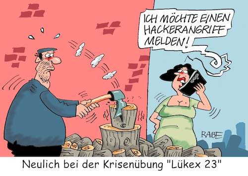 Cartoon: Hackebeilchen (medium) by RABE tagged cyberkriminalität,hacker,krisenübung,computer,bund,länder,behörden,lükex,it,ki,rabe,ralf,böhme,cartoon,karikatur,pressezeichnung,farbcartoon,tagescartoon,trojaner,pferd,büro,rechner,sicherheit,hackklotz,beil,axt,hackebeil,cyberkriminalität,hacker,krisenübung,computer,bund,länder,behörden,lükex,it,ki,rabe,ralf,böhme,cartoon,karikatur,pressezeichnung,farbcartoon,tagescartoon,trojaner,pferd,büro,rechner,sicherheit,hackklotz,beil,axt,hackebeil