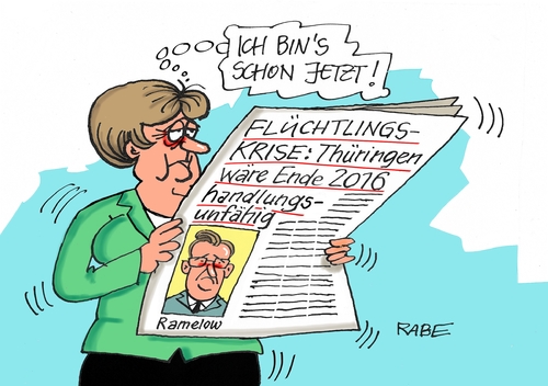 Cartoon: Handlungsunfähig (medium) by RABE tagged merkel,kanzlerin,cdu,thüringen,ramelow,flüchtlinge,flüchtlingskrise,haushaltskasse,euro,flüchtlingspaket,asylanten,rabe,ralf,böhme,cartoon,karikatur,pressezeichnung,farbcartoon,tagescartoon,zeitung,aufnahmestopp,abschiebeverfahren,grenzen,merkel,kanzlerin,cdu,thüringen,ramelow,flüchtlinge,flüchtlingskrise,haushaltskasse,euro,flüchtlingspaket,asylanten,rabe,ralf,böhme,cartoon,karikatur,pressezeichnung,farbcartoon,tagescartoon,zeitung,aufnahmestopp,abschiebeverfahren,grenzen