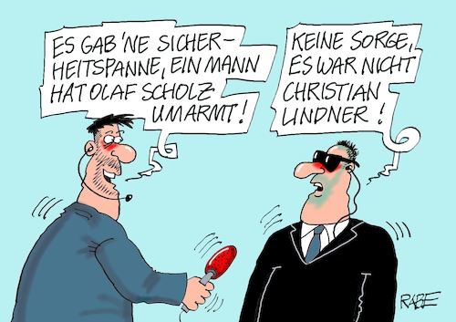 Cartoon: Herzliche Umarmung (medium) by RABE tagged olaf,scholz,bundeskanzler,ankündigung,zeitenwende,ergebnisse,opposition,union,rabe,ralf,böhme,cartoon,karikatur,pressezeichnung,farbcartoon,tagescartoon,kluft,spalt,brücke,ampel,ampelregierung,abgrund,umarmung,sicherheitspanne,sicherheitslücke,sicherheit,fahrzeugkollone,sicherheitschef,bodyguard,personenschutz,personenschützer,olaf,scholz,bundeskanzler,ankündigung,zeitenwende,ergebnisse,opposition,union,rabe,ralf,böhme,cartoon,karikatur,pressezeichnung,farbcartoon,tagescartoon,kluft,spalt,brücke,ampel,ampelregierung,abgrund,umarmung,sicherheitspanne,sicherheitslücke,sicherheit,fahrzeugkollone,sicherheitschef,bodyguard,personenschutz,personenschützer