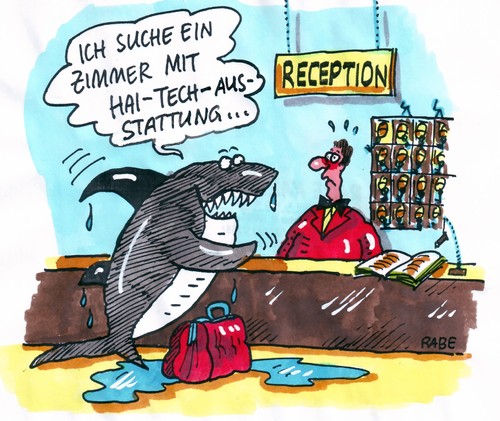 Cartoon: Hight-Tech (medium) by RABE tagged hai,hotel,übernachtung,reception,zimmerschlüssel,koffer,meer,fisch,hotelier,zimmerservice,hightech,computer,rechner,sensor,butler,hai,hotel,übernachtung,rezeption