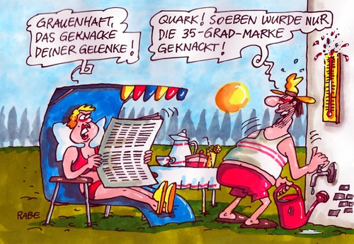 Cartoon: Hitzerekord (medium) by RABE tagged hitze,hitzewelle,hitzerekord,hoch,sommer,sommerwetter,sonne,schwüle,temperatur,thermometer,bad,see,freibad,strand,strandkorb,knackpunkt,rekordmarke,hitzehoch,achim,heiss,spitzenwerte,supersommer,hundstage,klima,klimaforscher,wetterprognose,klimatologe,sonnenschein,trockenheit,dwd,höchsttemperaturen,tropenklima,tropenwettermann,frau,garten,ligestuhl,abkühlung,giesskanne,kaffe,kuchen