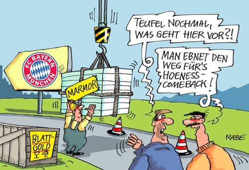 Cartoon: Hoeneßrückkehr (medium) by RABE tagged uli,hoeneß,fc,bayern,münchen,knast,gefängnis,rückkehr,rabe,ralf,böhme,cartoon,karikatur,pressezeichnung,farbcartoon,tagescartoon,fußballverein,marmor,blattgold,fußball,vorstand,uli,hoeneß,fc,bayern,münchen,knast,gefängnis,rückkehr,rabe,ralf,böhme,cartoon,karikatur,pressezeichnung,farbcartoon,tagescartoon,fußballverein,marmor,blattgold,fußball,vorstand