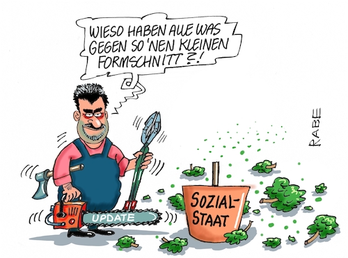 Cartoon: Hofgärtner Söder (medium) by RABE tagged merz,union,kanzler,fritze,koalition,spd,klingbeil,bundesregierung,rabe,ralf,böhme,cartoon,karikatur,pressezeichnung,farbcartoon,tagescartoon,trump,putin,krisen,tv,nachrichten,waschmaschine,söder,bas,sozialsystem,sozialstaat,kürzung,reform,gärtner,heckenschere,motorsäge,übertopf,pflanze,baum,rückschnitt,merz,union,kanzler,fritze,koalition,spd,klingbeil,bundesregierung,rabe,ralf,böhme,cartoon,karikatur,pressezeichnung,farbcartoon,tagescartoon,trump,putin,krisen,tv,nachrichten,waschmaschine,söder,bas,sozialsystem,sozialstaat,kürzung,reform,gärtner,heckenschere,motorsäge,übertopf,pflanze,baum,rückschnitt