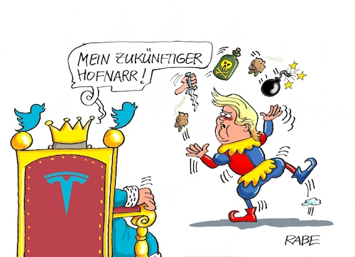 Cartoon: Hofnärrisches (medium) by RABE tagged twitter,elon,musk,donald,trump,internet,messangerdienste,facebook,instagramm,rabe,ralf,böhme,cartoon,karikatur,pressezeichnung,farbcartoon,tagescartoon,könig,krone,thron,hofnarr,narr,bälle,jongleur,scheißhaufen,totenkopf,bombe,dolch,sterne,hand,twitter,elon,musk,donald,trump,internet,messangerdienste,facebook,instagramm,rabe,ralf,böhme,cartoon,karikatur,pressezeichnung,farbcartoon,tagescartoon,könig,krone,thron,hofnarr,narr,bälle,jongleur,scheißhaufen,totenkopf,bombe,dolch,sterne,hand