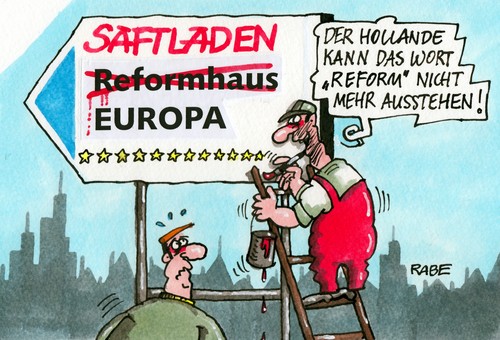 Cartoon: Hollandes Saftladen (medium) by RABE tagged hollande,merkel,cdu,staatsbesuch,berlin,paris,deutschland,frankreich,sozialisten,eu,eurozone,brüssel,treffen,kritik,präsident,rabe,ralf,böhme,cartoon,karikatur,pressezeichnung,farbcartoon,reform,reformpläne,reformhaus,reformvorschläge,grundfeste,reformvorgabe,schulden,eurokrise,finanzen,europaparlamentarier,diktat,europapolitik,hollande,merkel,cdu,staatsbesuch,berlin,paris,deutschland,frankreich,sozialisten,eu,eurozone,brüssel,treffen,kritik,präsident,rabe,ralf,böhme,cartoon,karikatur,pressezeichnung,farbcartoon,reform,reformpläne,reformhaus,reformvorschläge,grundfeste,reformvorgabe,schulden,eurokrise,finanzen,europaparlamentarier,diktat,europapolitik