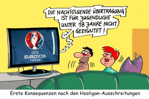 Cartoon: Hooligans (medium) by RABE tagged fußball,em,paris,nationalelf,löw,reus,ruby,brandt,bellarabi,rabe,ralf,böhme,cartoon,karikatur,pressezeichnung,farbcartoon,tagescartoo,auswahl,kader,hooligans,england,russland,ausschreitungen,terroristen,krawalle,sicherheit,fußballstadion,polizei,fußball,em,paris,nationalelf,löw,reus,ruby,brandt,bellarabi,rabe,ralf,böhme,cartoon,karikatur,pressezeichnung,farbcartoon,tagescartoo,auswahl,kader,hooligans,england,russland,ausschreitungen,terroristen,krawalle,sicherheit,fußballstadion,polizei