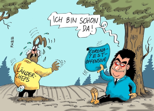 Cartoon: I Igel isser scho (medium) by RABE tagged virus,corona,pandemie,coronakrise,rabe,ralf,böhme,cartoon,karikatur,pressezeichnung,farbcartoon,tagescartoon,viren,virenschutz,mundschutz,desinfektion,föderal,föderalismus,ländersache,bayern,ministerpräsident,markus,söder,länderchefs,laschet,nrw,hotspot,lockerungen,wettlauf,schnelltest,hase,igel,märchen,brüder,grimm,virus,corona,pandemie,coronakrise,rabe,ralf,böhme,cartoon,karikatur,pressezeichnung,farbcartoon,tagescartoon,viren,virenschutz,mundschutz,desinfektion,föderal,föderalismus,ländersache,bayern,ministerpräsident,markus,söder,länderchefs,laschet,nrw,hotspot,lockerungen,wettlauf,schnelltest,hase,igel,märchen,brüder,grimm